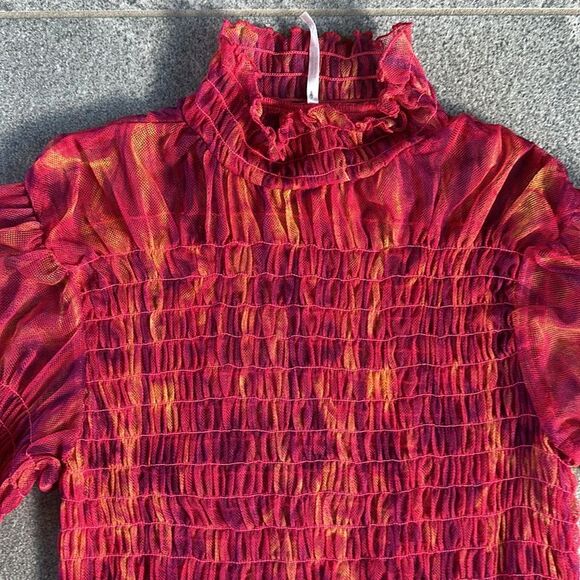 NWOT Free People Hello There Ruffled Sheer Mesh Top Red Pink Orange Abstract XS - Picture 5 of 16
